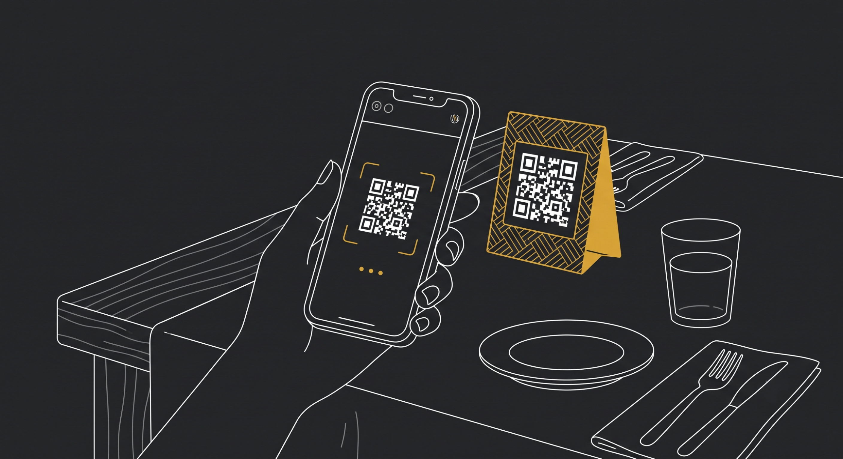 Illustration of a customer scanning a QR code at a restaurant table