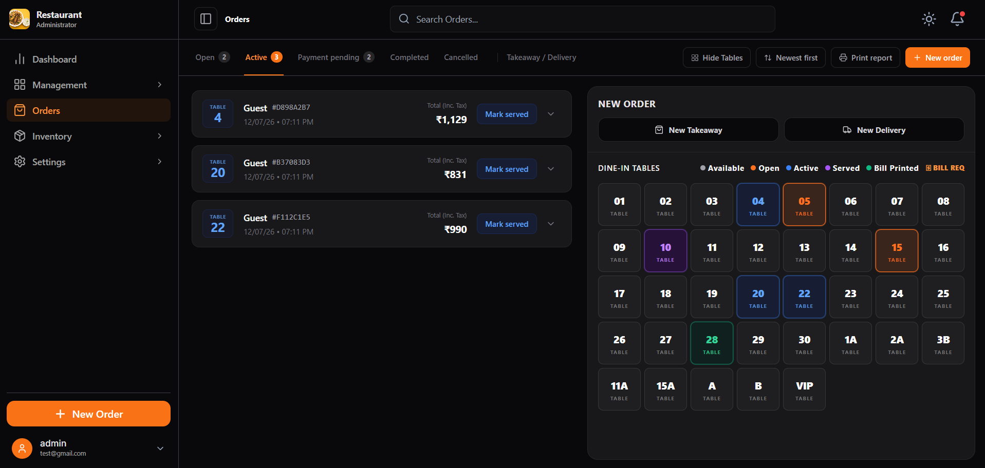 Order management screen
