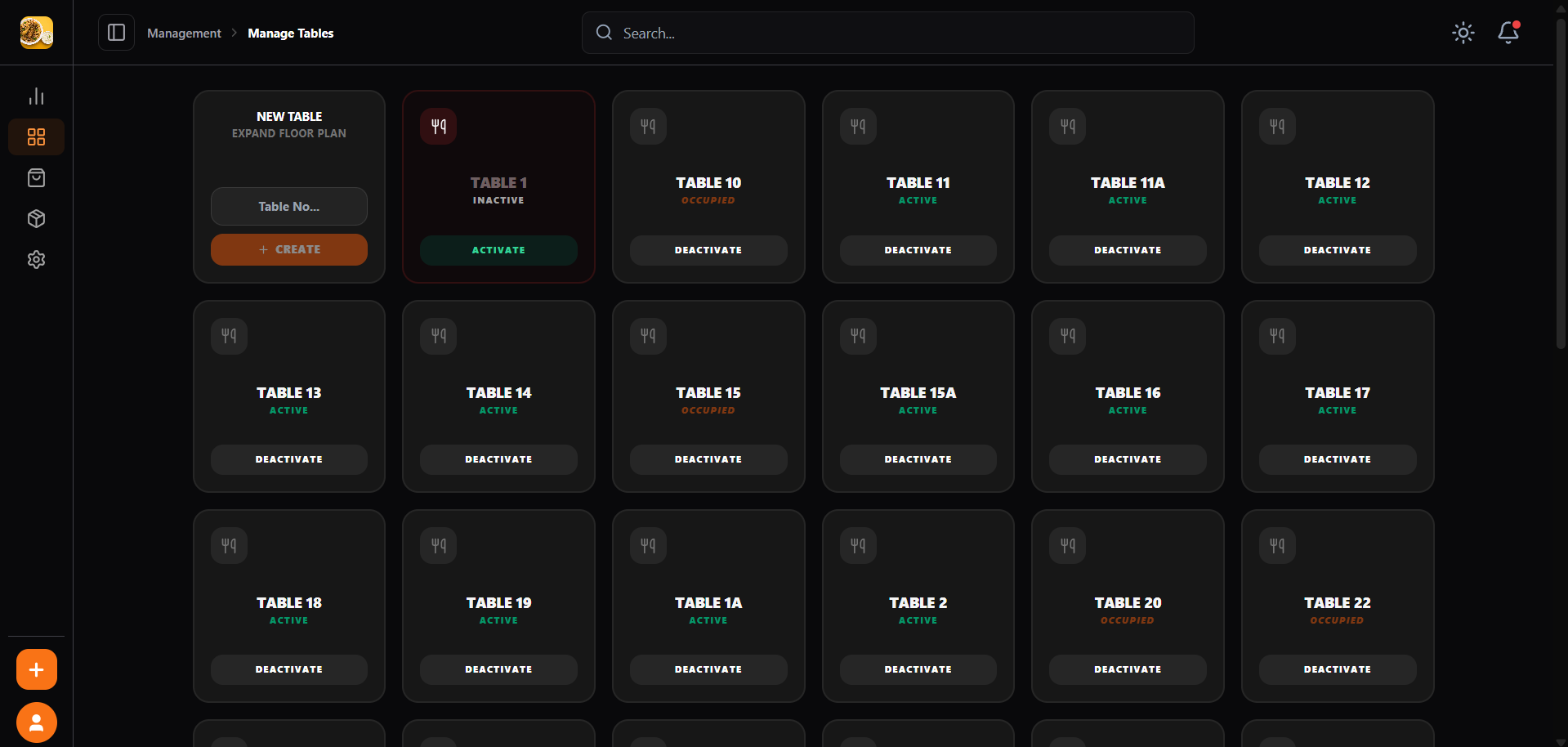 Table management screen