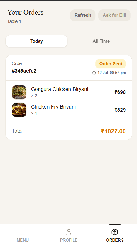 RestroOps orders screen showing an order sent to the kitchen